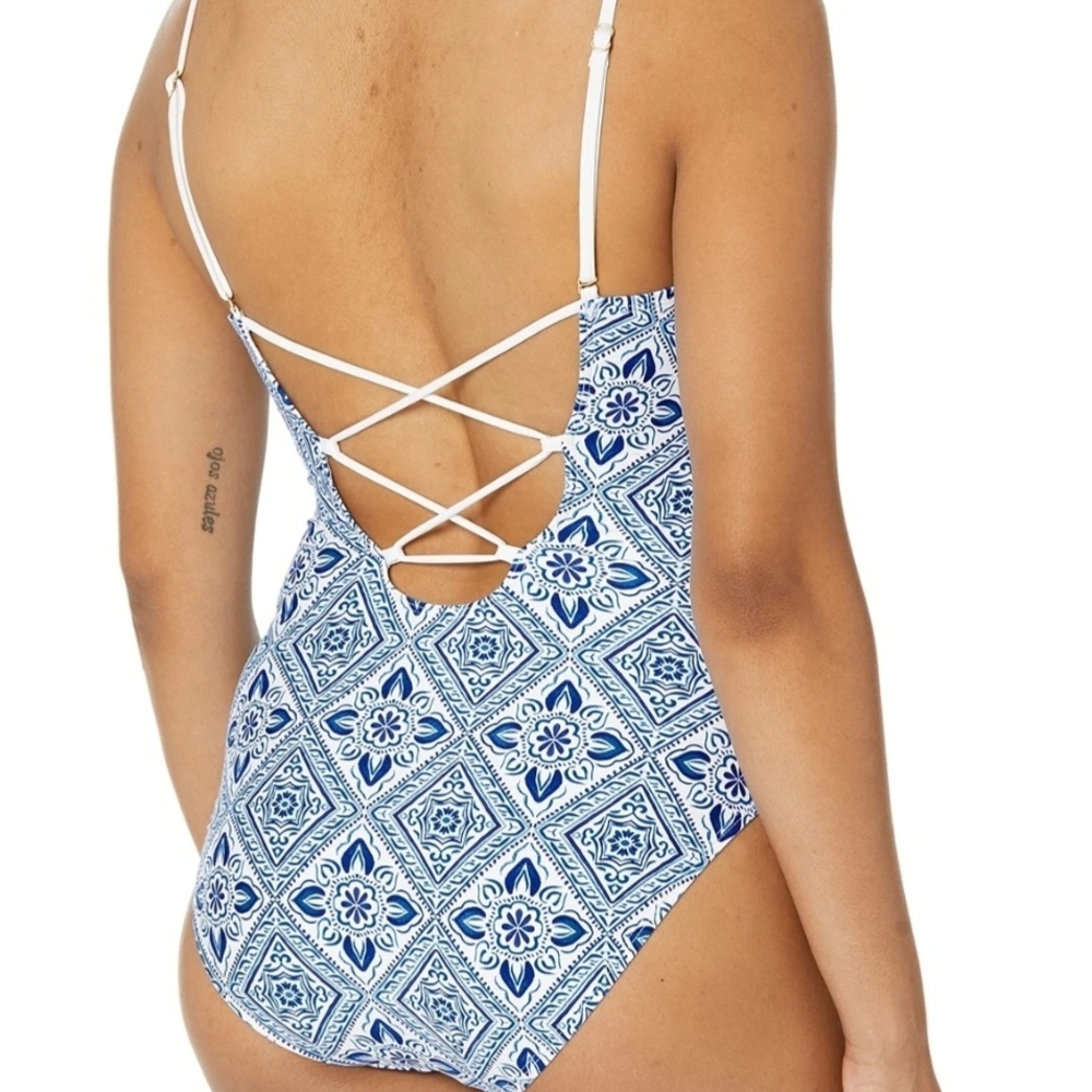 La Blanca Blue & White Tile-Print One-Piece Swim Suit with Lace-Up Front - Picture 2 of 9